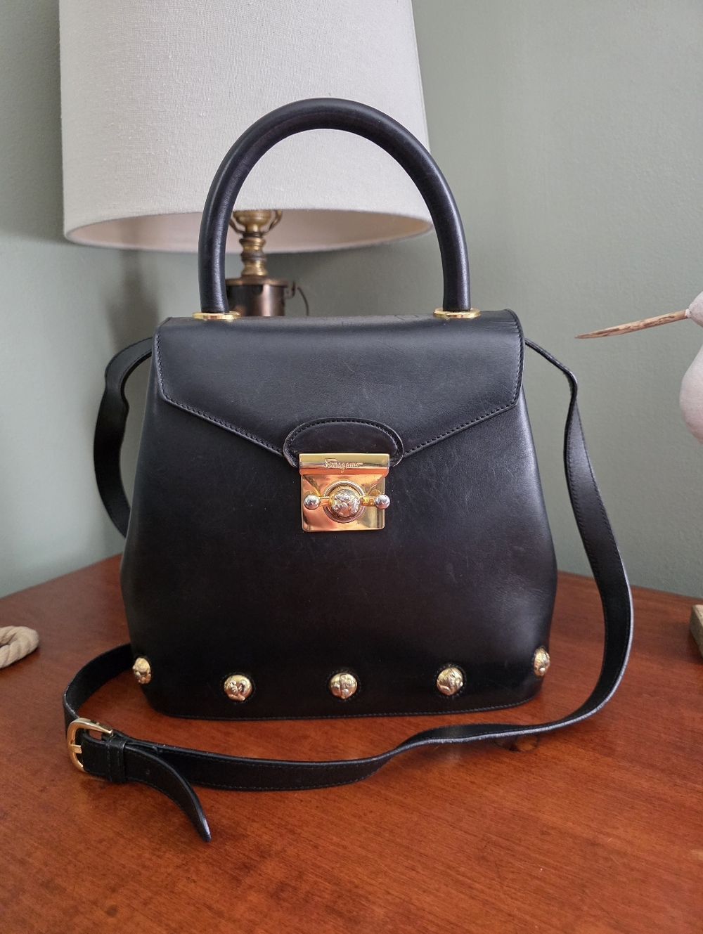 Salvatore Ferragamo Vintage Top Handle Satchel Black Leather Gold Hardware COA